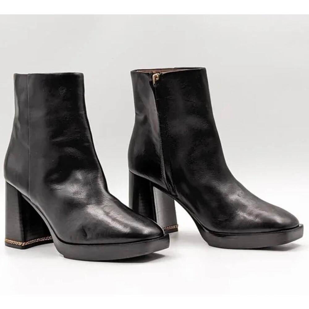 Tory Burch Women Ruby 90 Link‎ Chain Black Leather Chunky Boots size 8.5